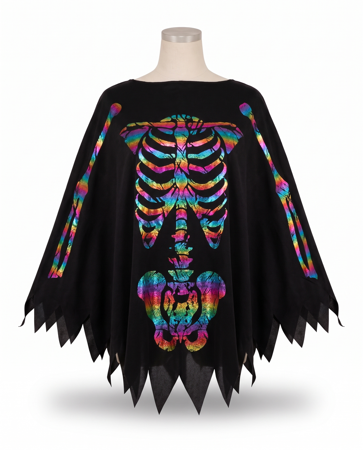 Rainbow foil skeleton poncho on white background