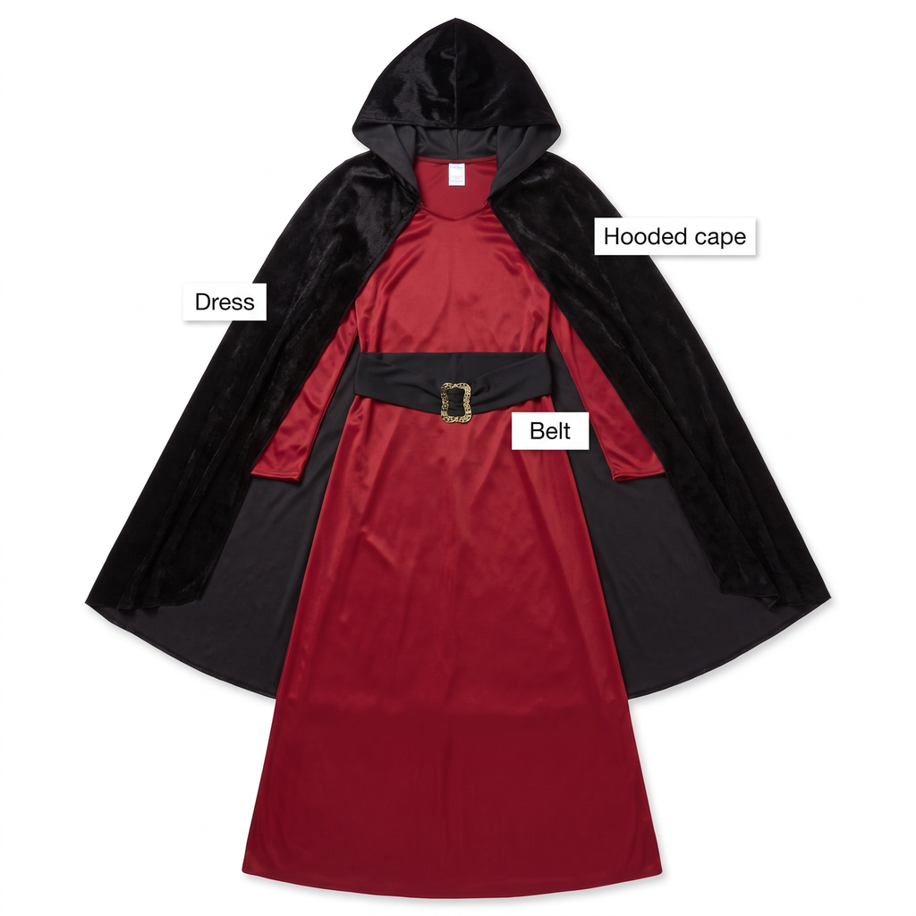 What's included: dress, hooded cape and belt