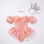 What's included: bodysuit, clear straps and glitter crown headband