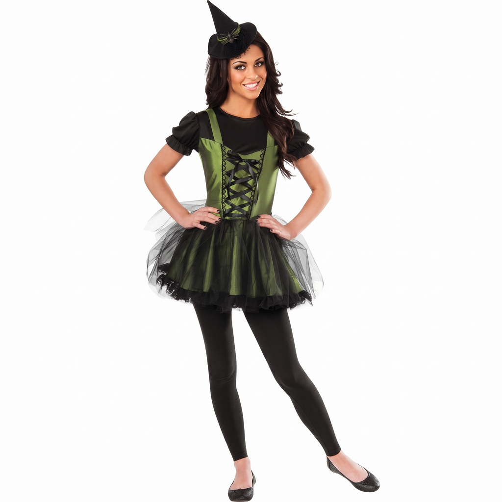 Emerald wicked witch costume on white background