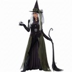 Green gothic witch costume on white background