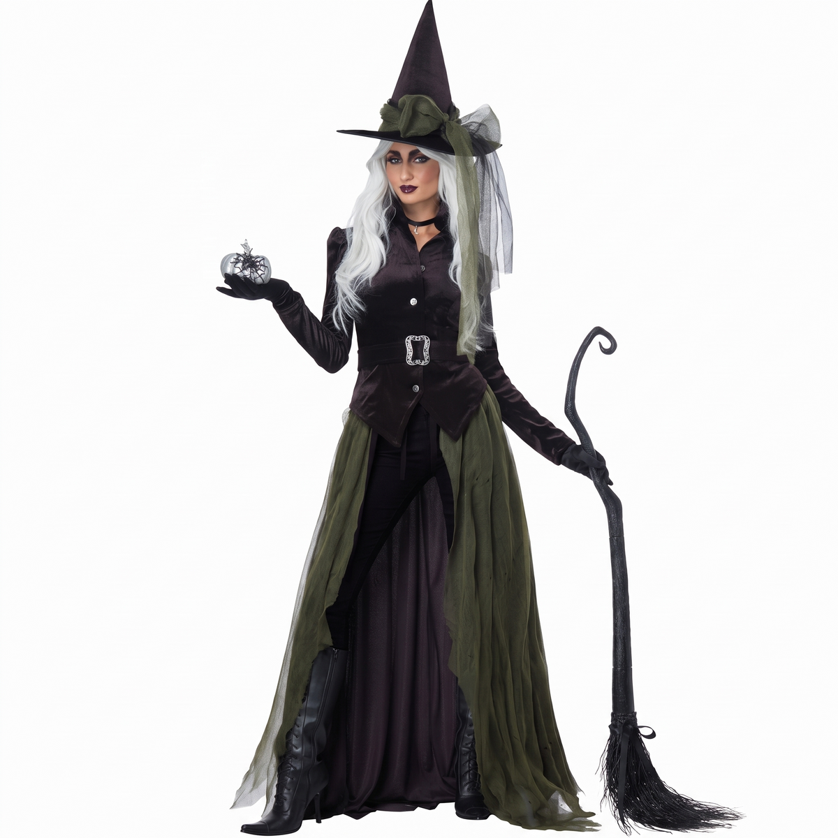 Green gothic witch costume on white background