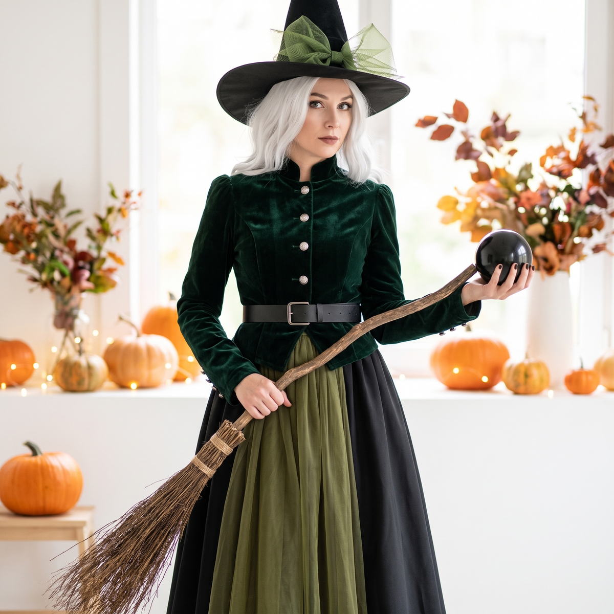 Woman wearing the green gothic witch costume