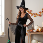 Woman wearing the rich witch costume