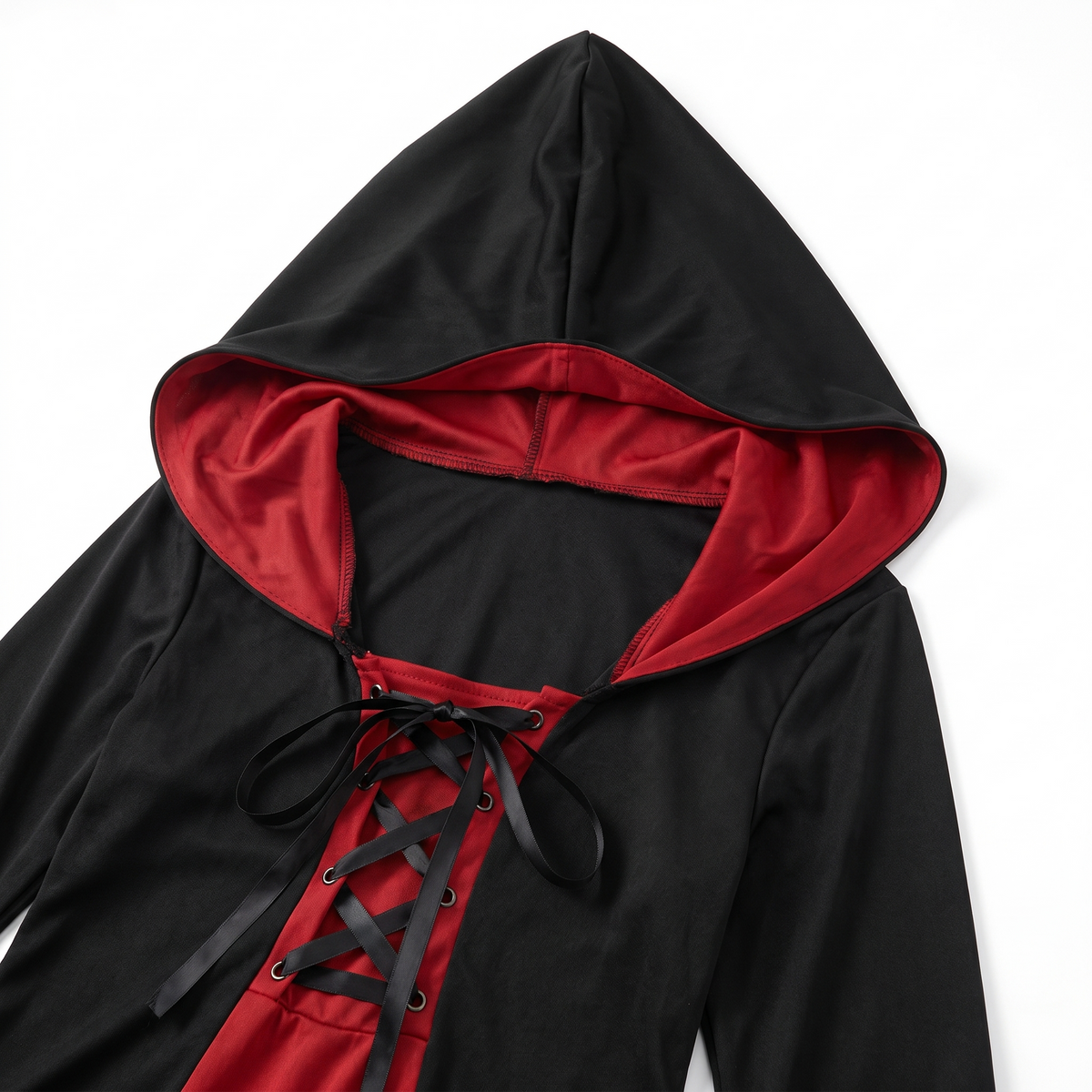 Detail of the hood and lace-up ties