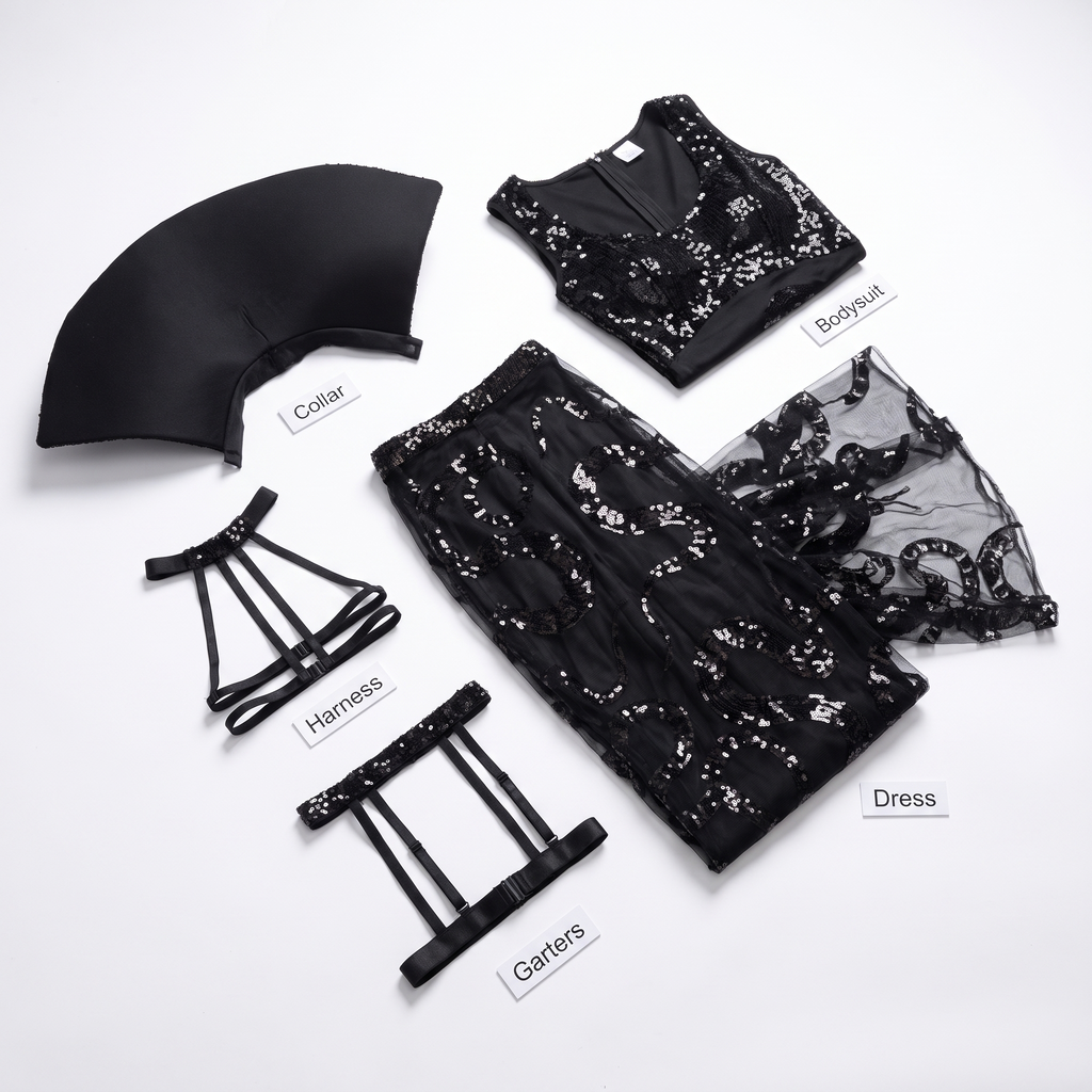 What's included: dress, bodysuit, collar, garters and harness