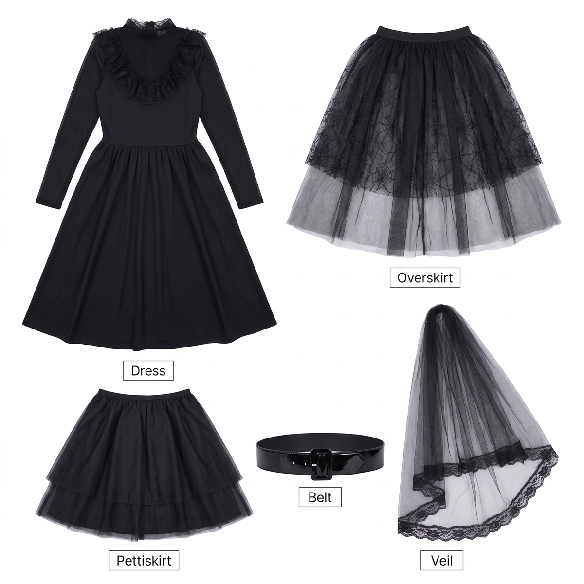 What's included: dress, overskirt, pettiskirt, belt and veil