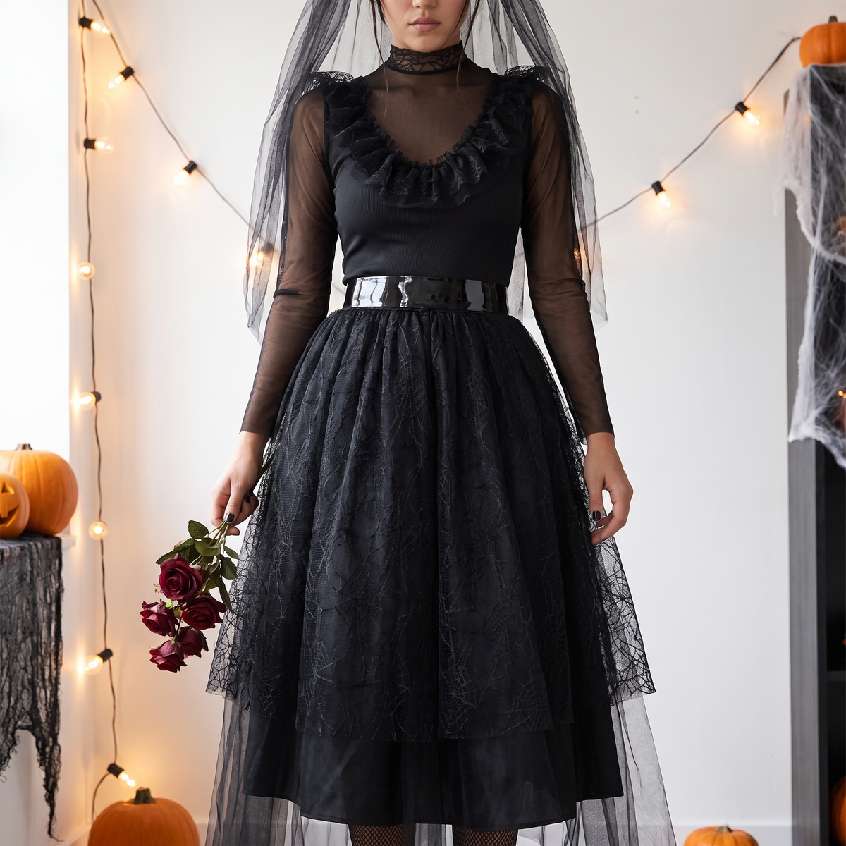 Woman wearing the dark and dreadful prom costume