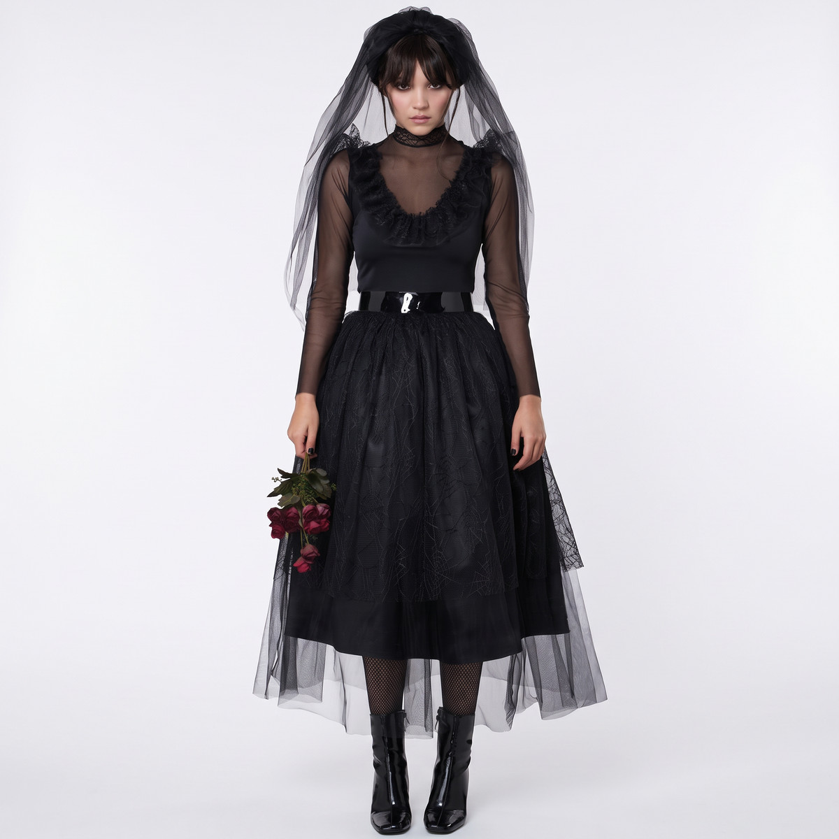 Dark and dreadful prom costume on white background