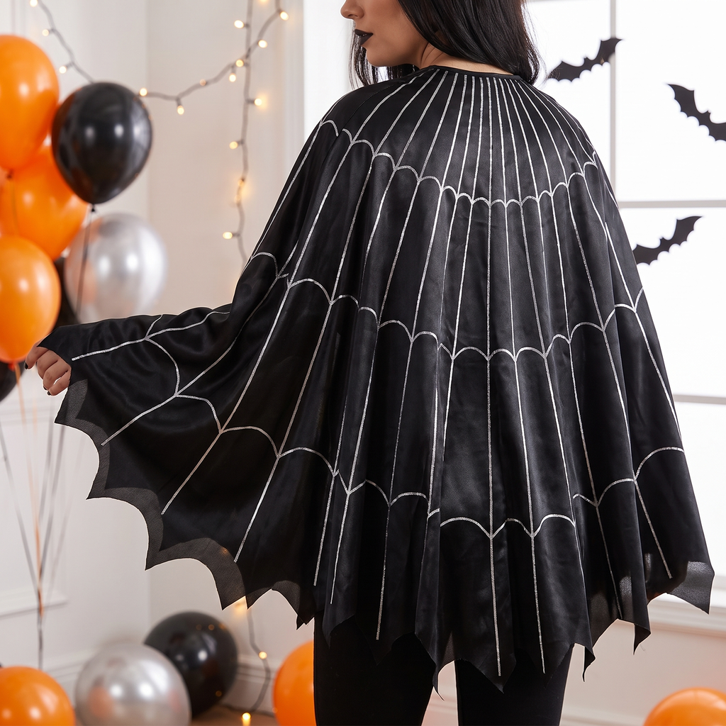 Woman wearing the spider web poncho