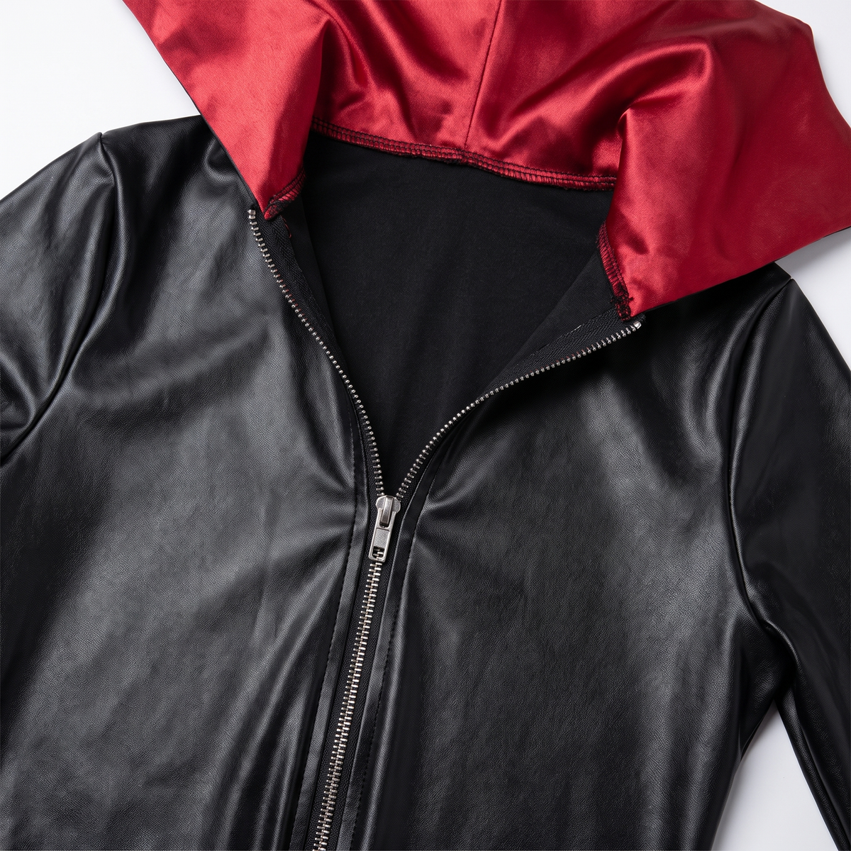 Detail of the zip front and red vampire collar