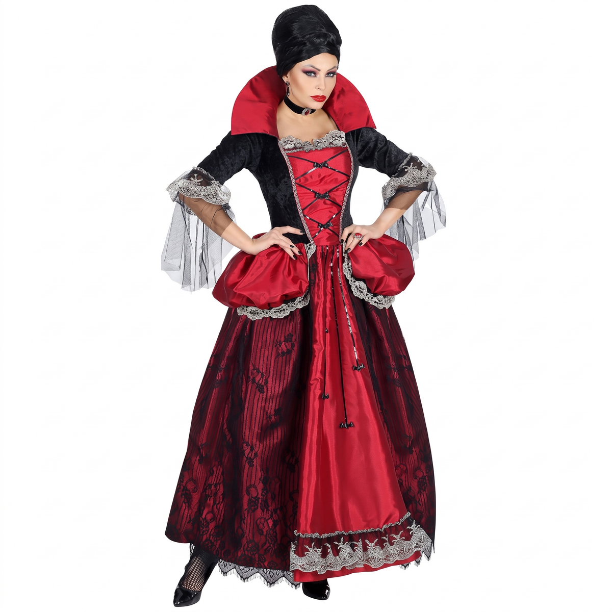 Gothic vampiress costume on white background