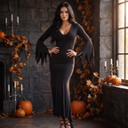 Woman wearing the floor length gothic dress