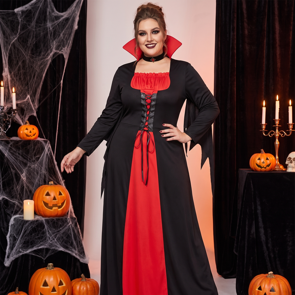 Plus-size woman wearing the classic vampire costume