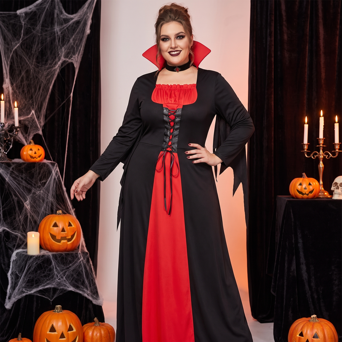 Plus-size woman wearing the classic vampire costume