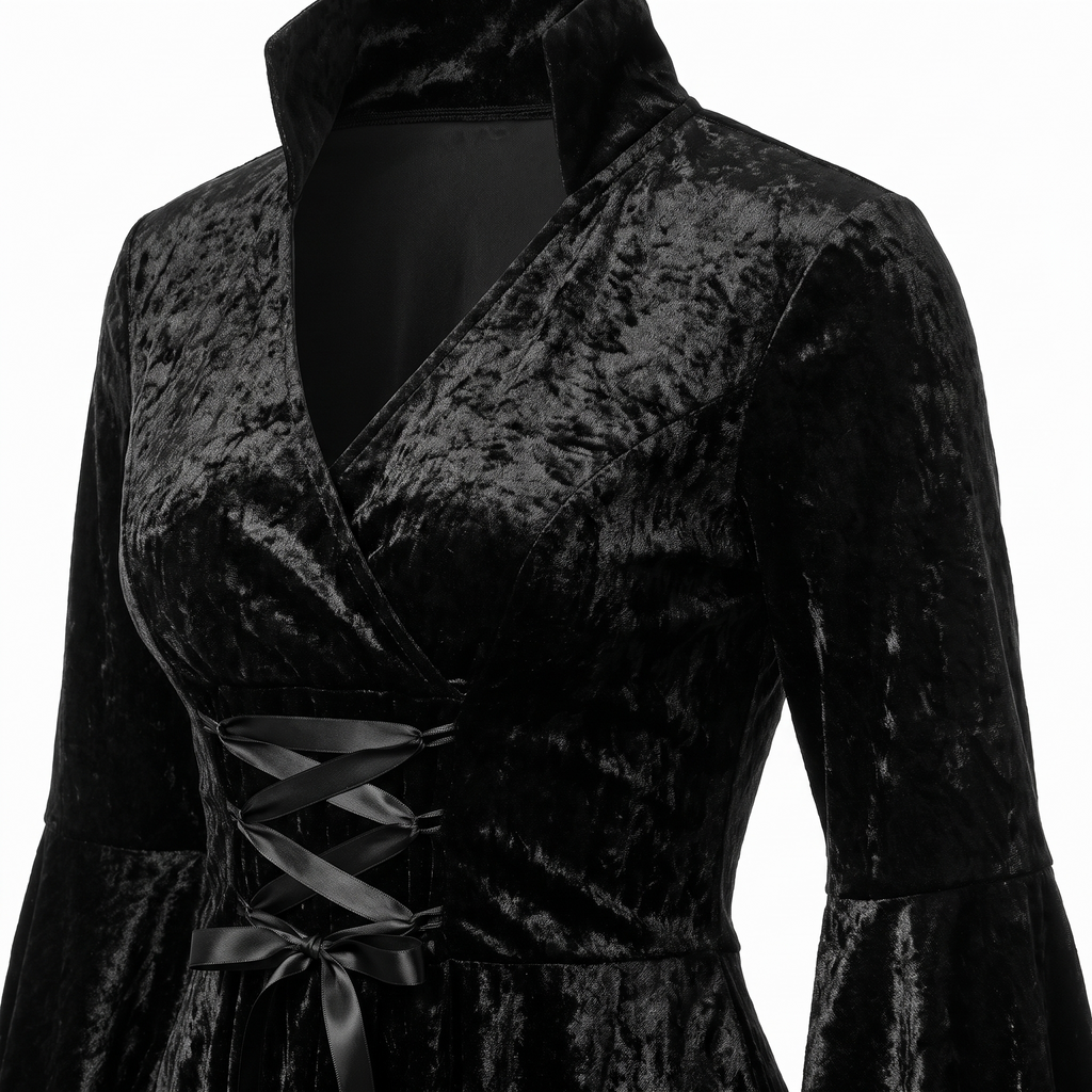 Detail of the crossover neckline and velvet texture