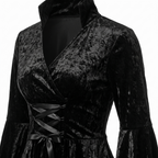 Detail of the crossover neckline and velvet texture