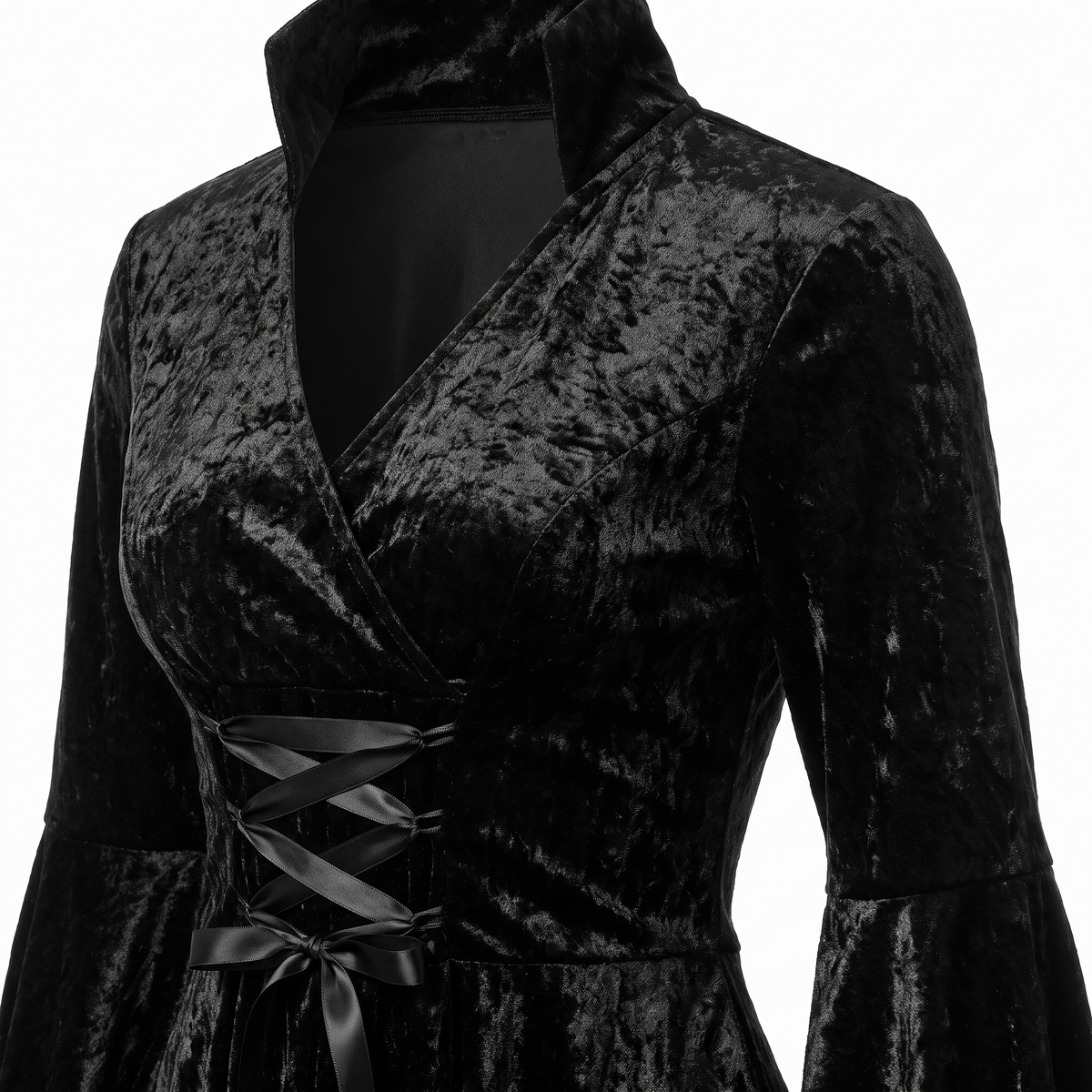 Detail of the crossover neckline and velvet texture
