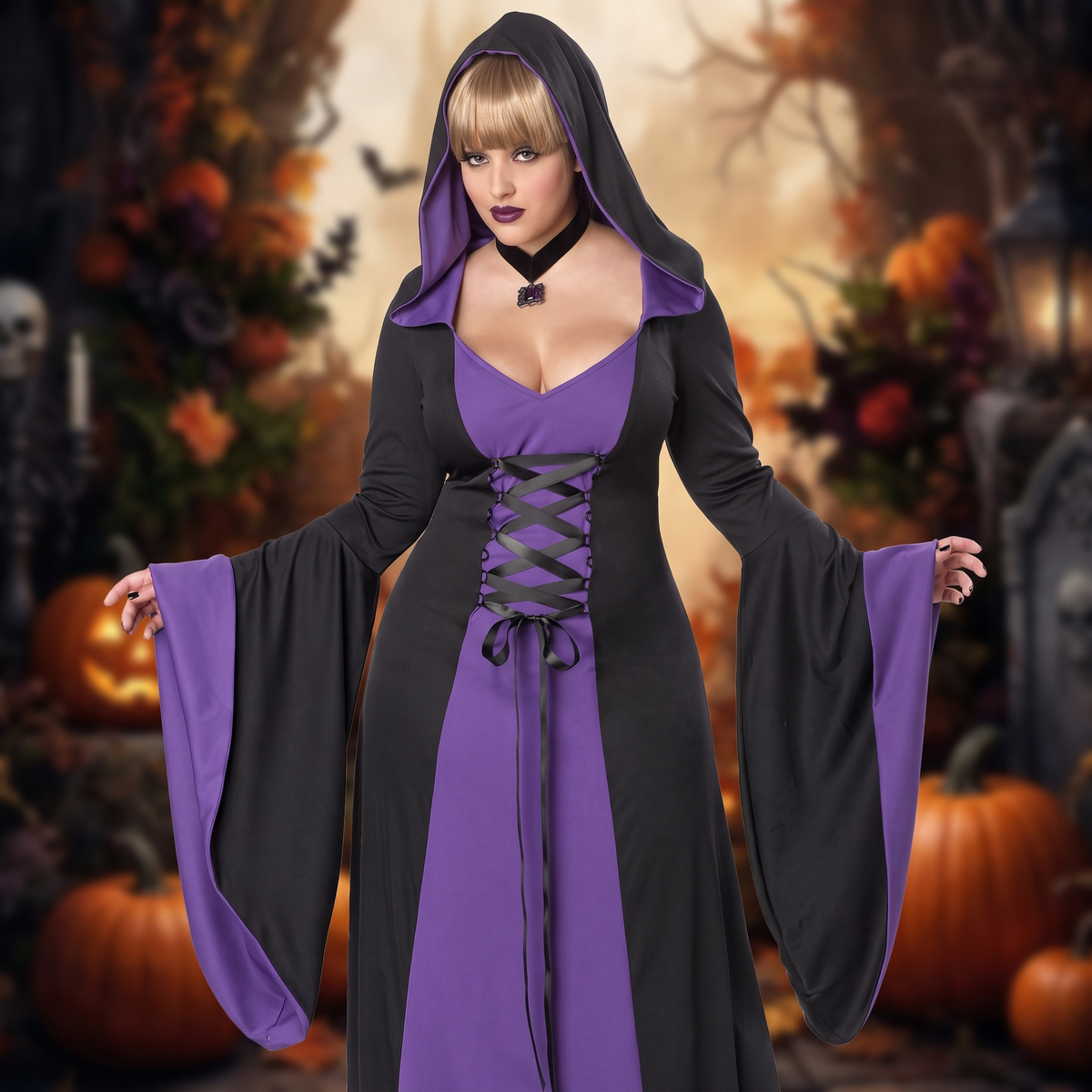 Plus-size woman wearing the black hooded robe