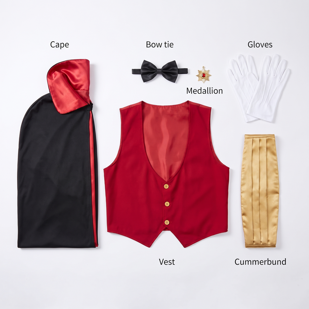 What's included: vest, cummerbund, bow tie, cape, gloves and medallion
