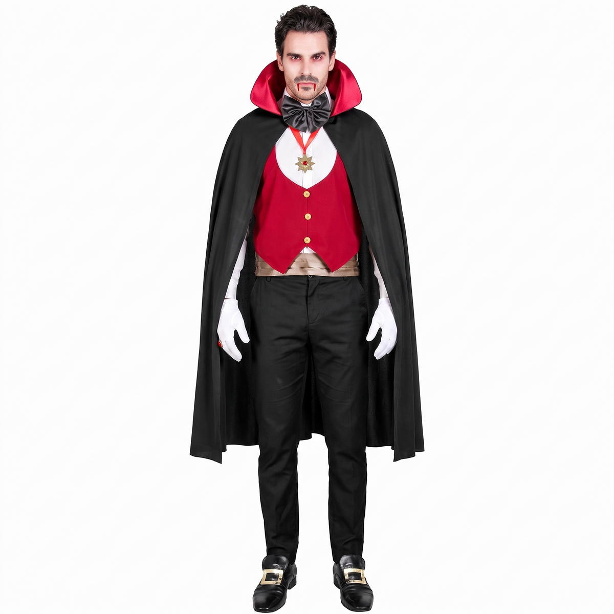Red vest vampire costume on white background