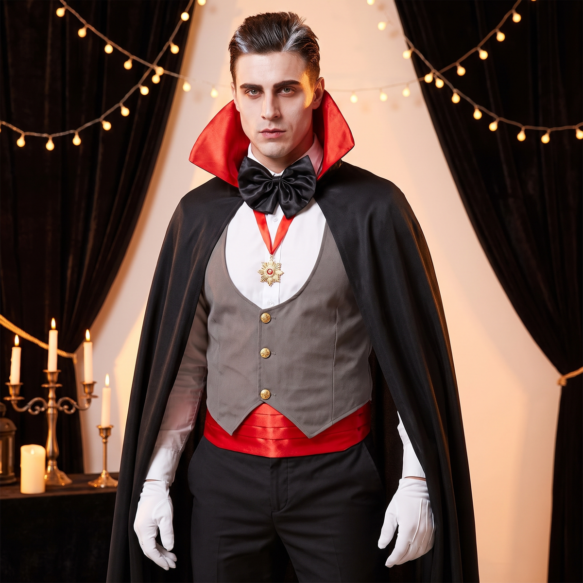 Man wearing the grey vest vampire costume