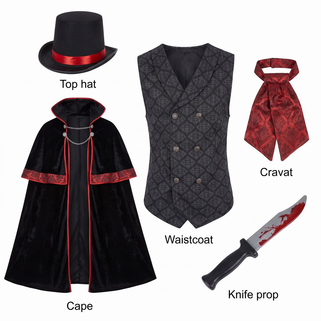What's included: top hat, cape, waistcoat, cravat and knife prop