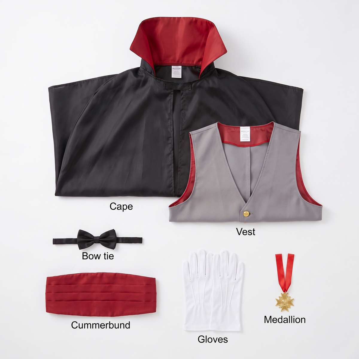 What's included: cape, vest, cummerbund, bow tie, gloves and medallion