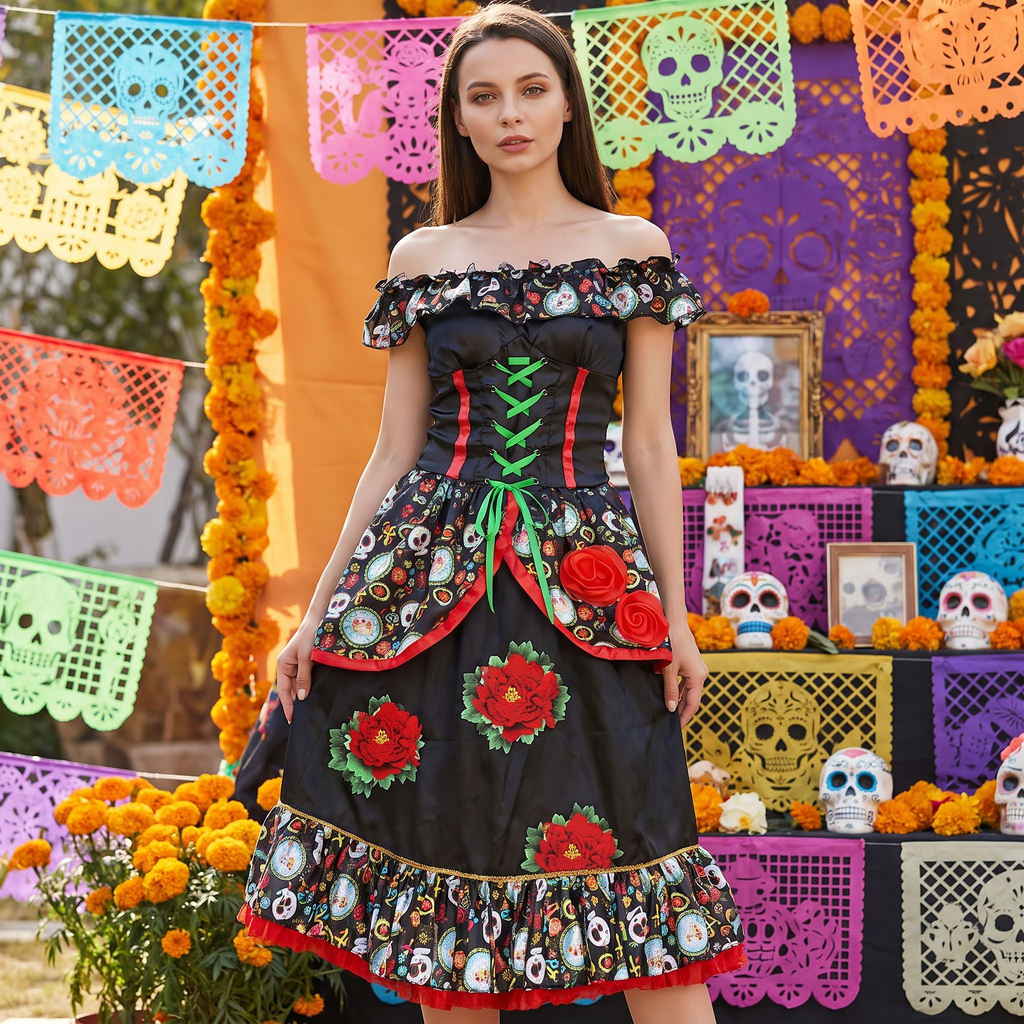 Woman wearing the Day of the Dead senorita dress