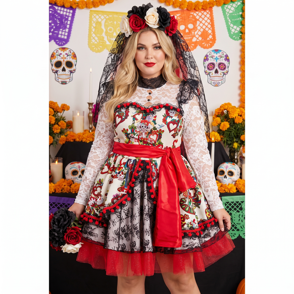 Plus-size woman wearing the La Novia Day of the Dead gown