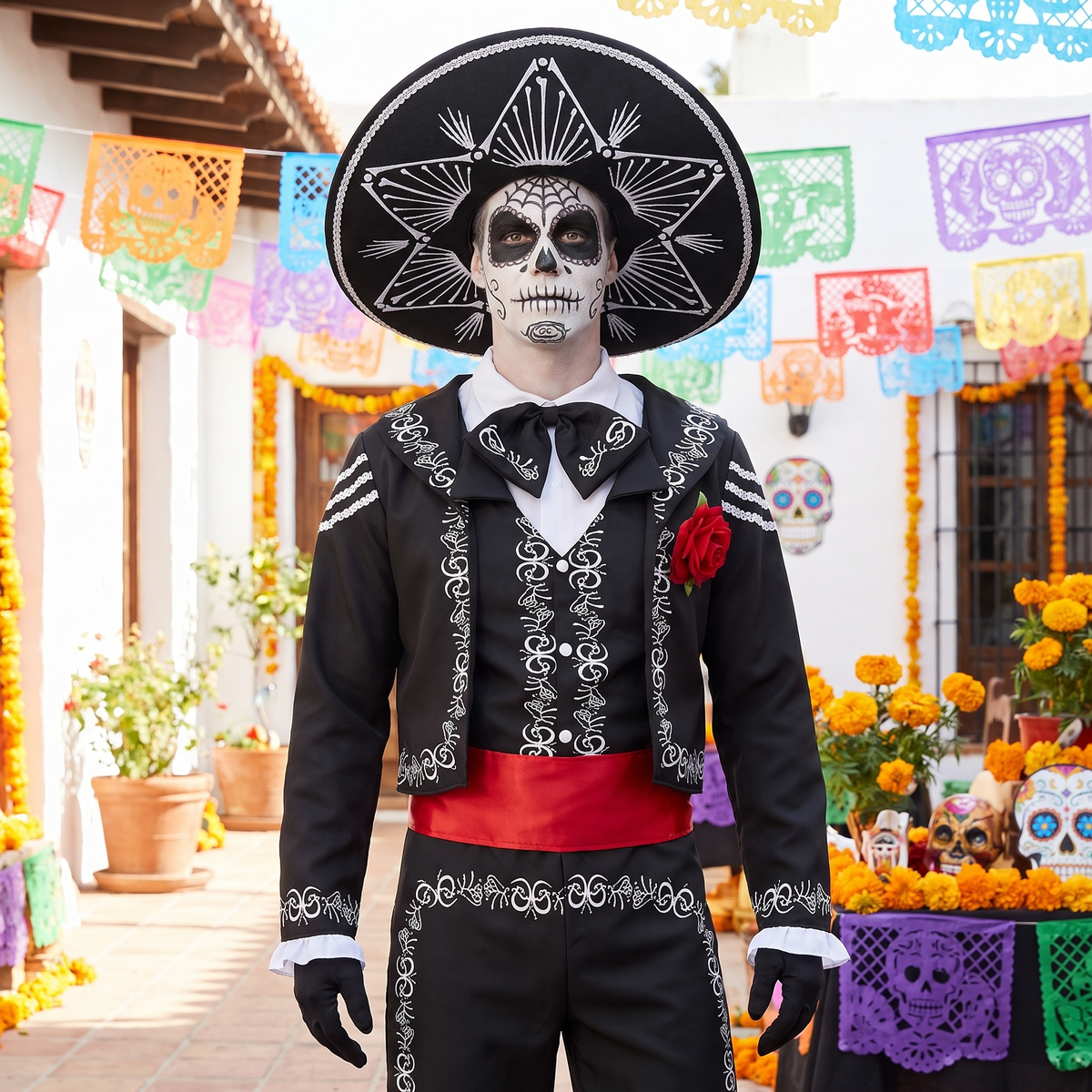 Man wearing the Day of the Dead senor bones costume