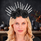 Woman wearing the skeleton hands and black roses headpiece