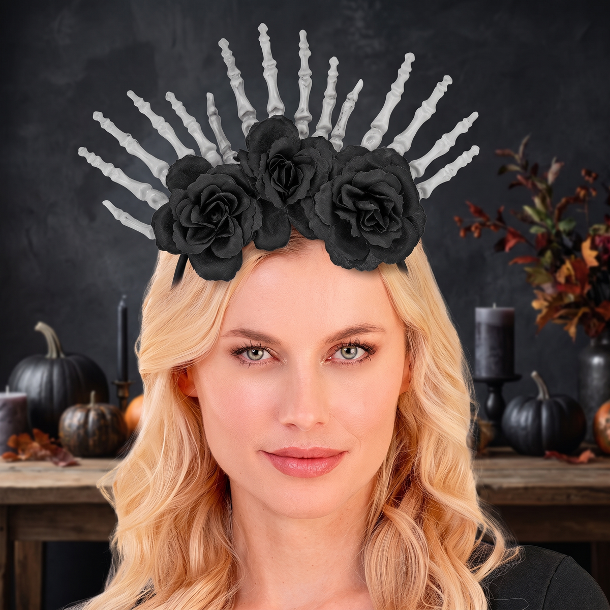 Woman wearing the skeleton hands and black roses headpiece