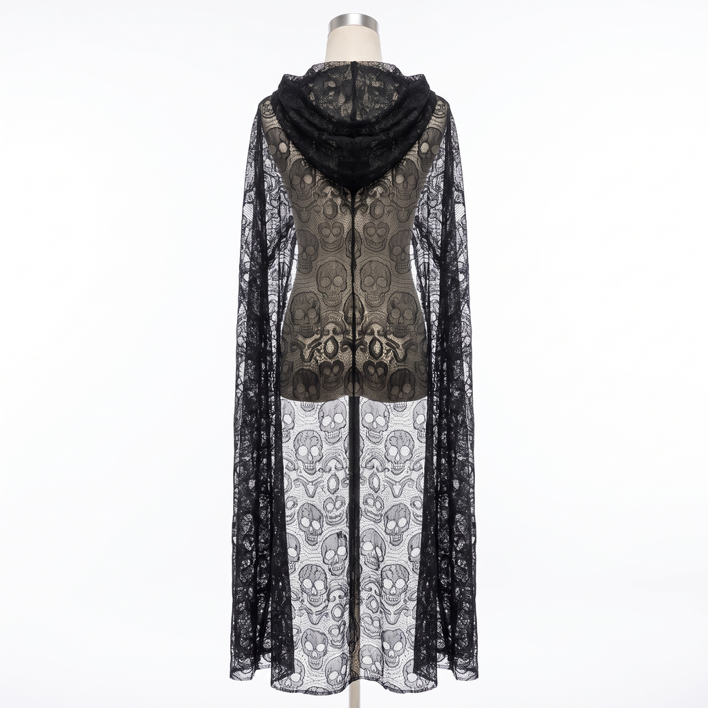 Hooded lace skull cape on white background