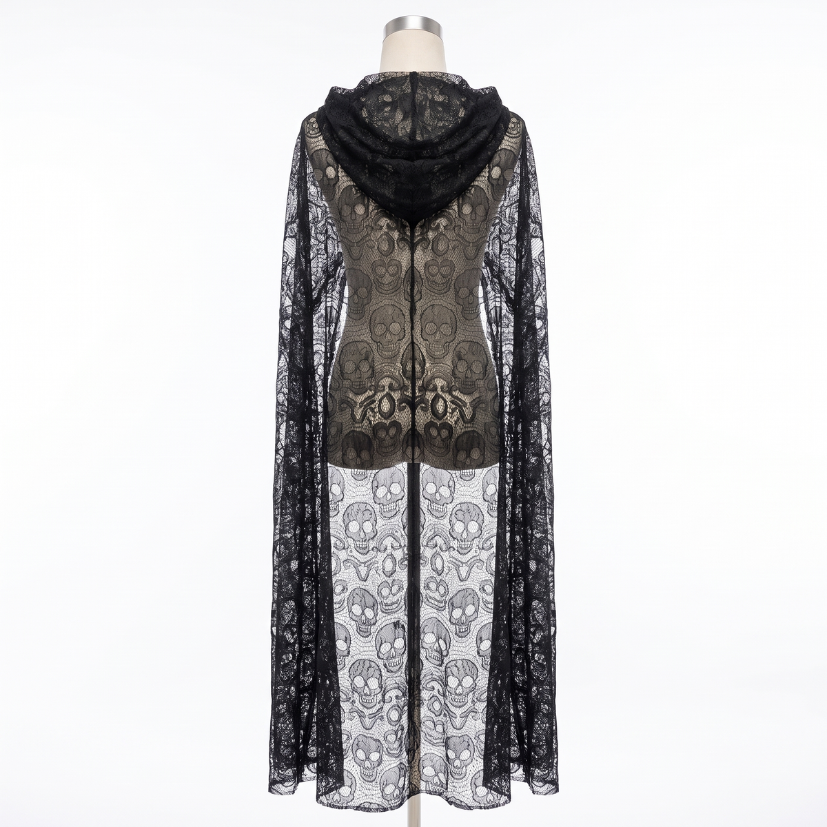 Hooded lace skull cape on white background