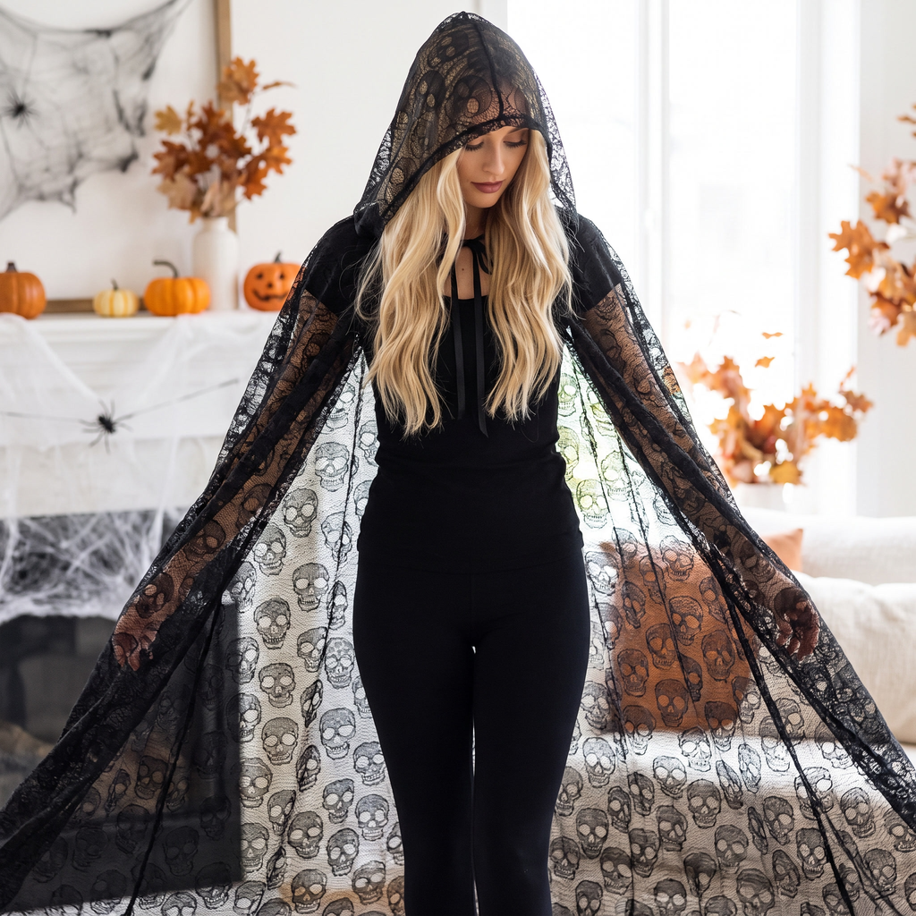 Woman wearing the midnight fiesta hooded lace cape