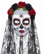 Rose and veil sugar skull mask on white background