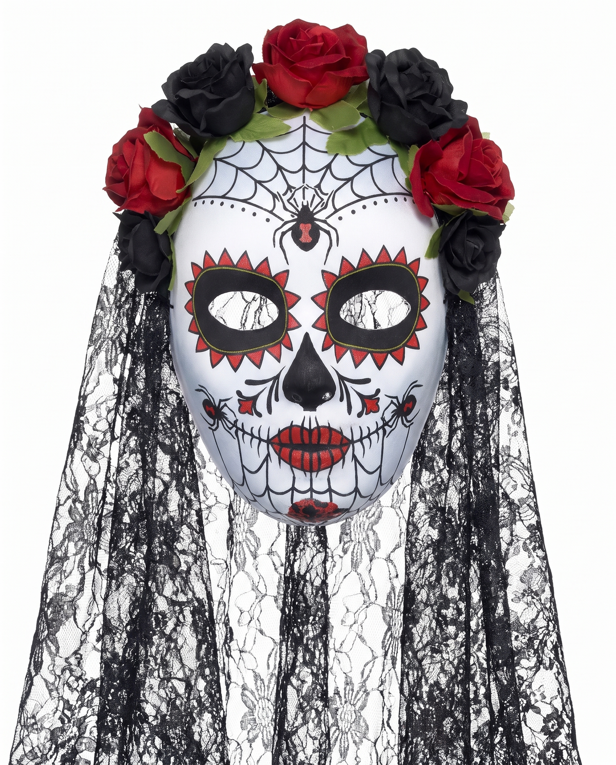 Rose and veil sugar skull mask on white background