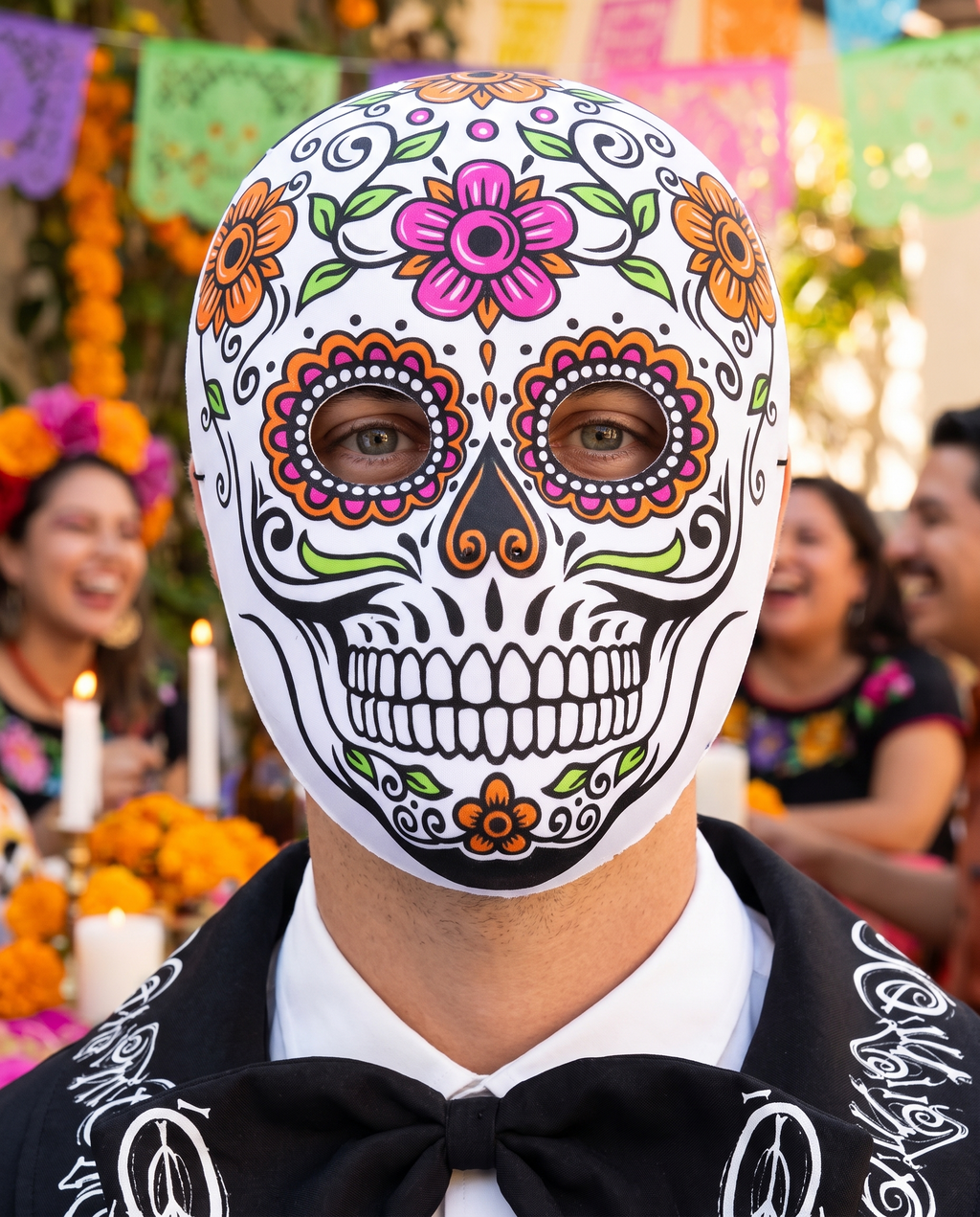 Person wearing sugar skull floral face mask