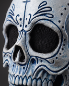 Detail of blue skull mask patterns and mesh eyes