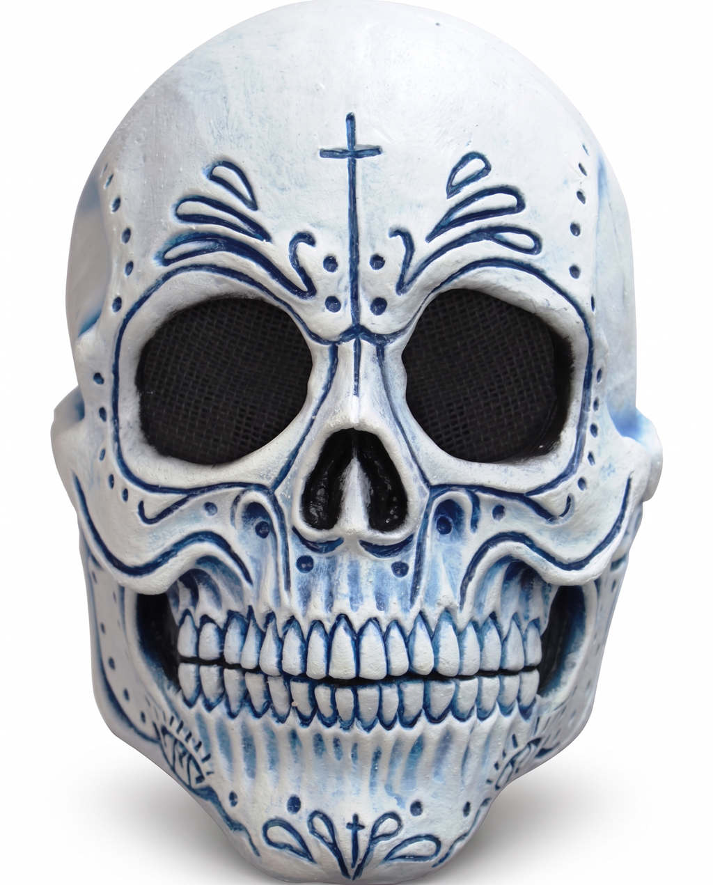 Blue Day of the Dead skull latex mask on white background