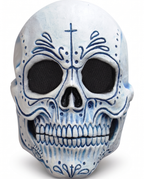 Blue Day of the Dead skull latex mask on white background