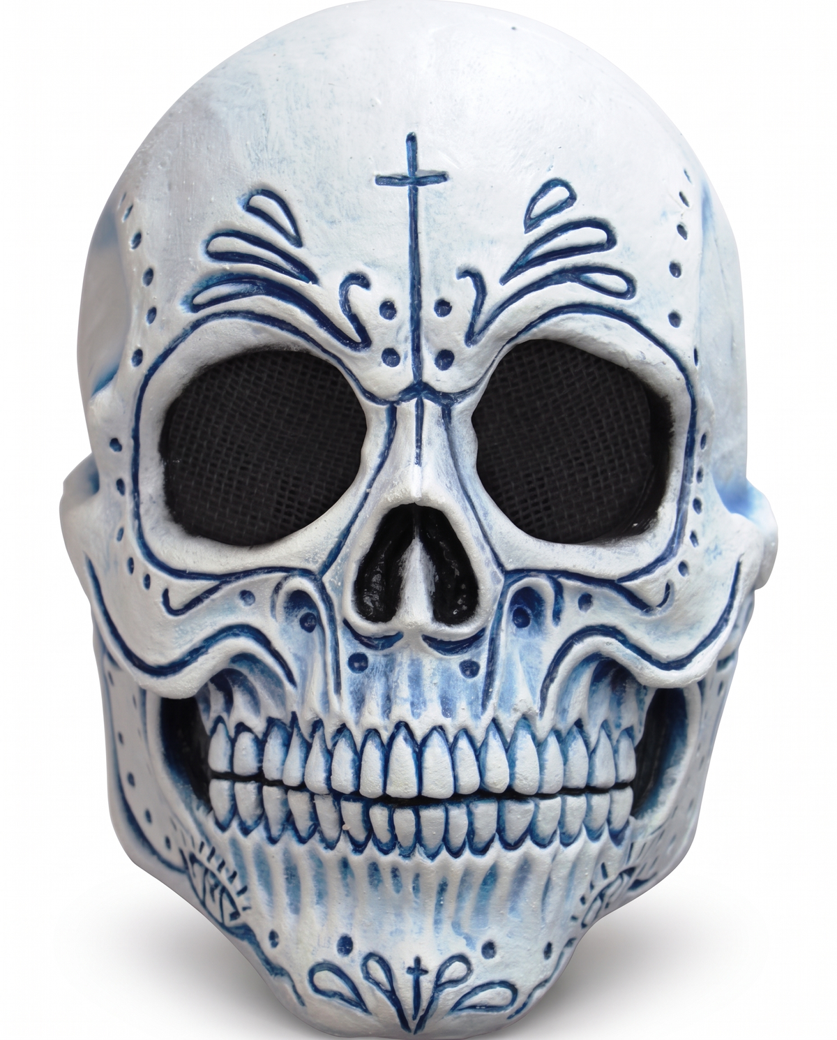 Blue Day of the Dead skull latex mask on white background