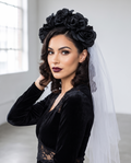 Woman wearing gothic black rose headband with white veil