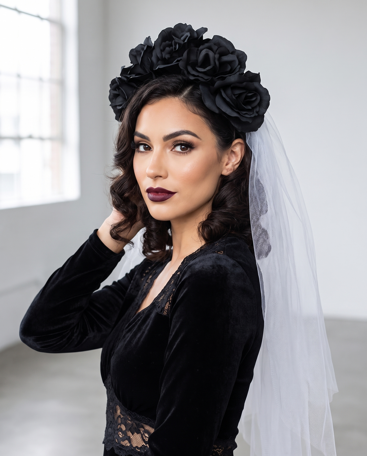 Woman wearing gothic black rose headband with white veil