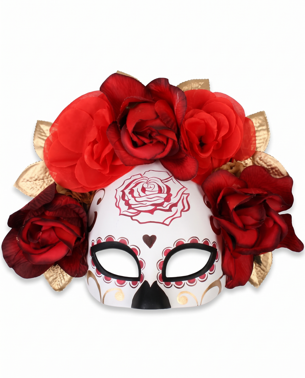 Red and gold flower eye mask on white background