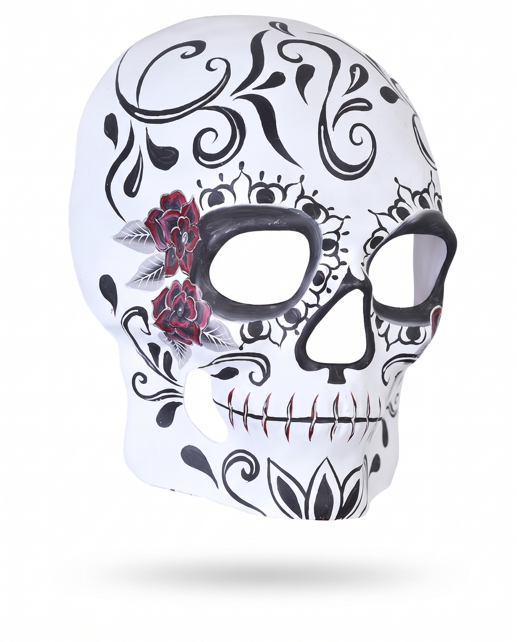 Black and white sugar skull half mask on white background