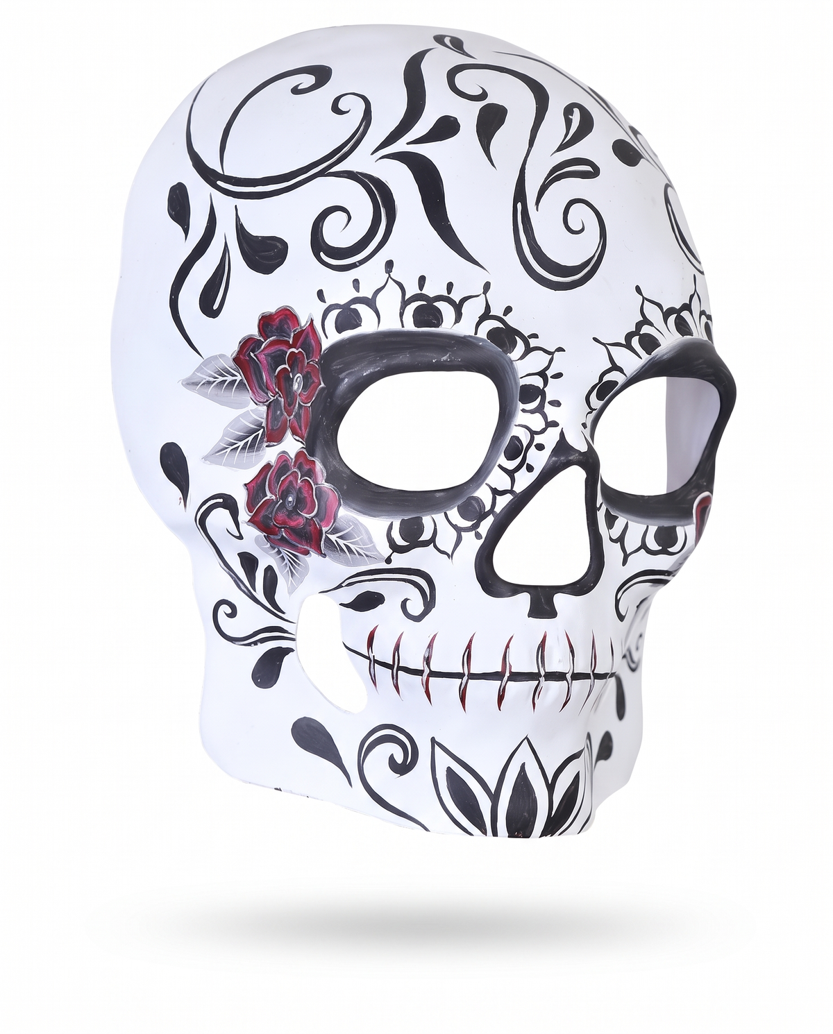 Black and white sugar skull half mask on white background