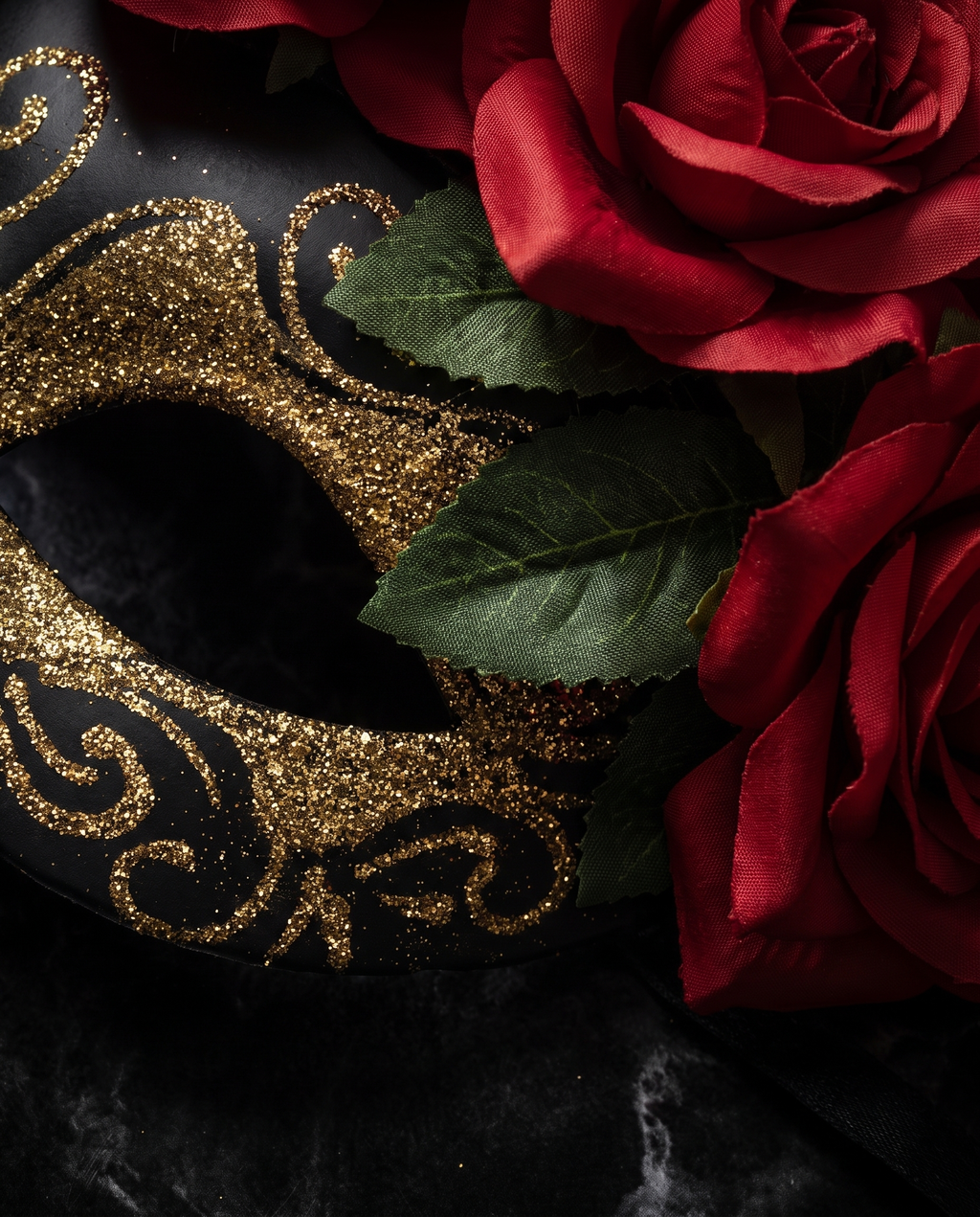 Detail of gold glitter and red roses