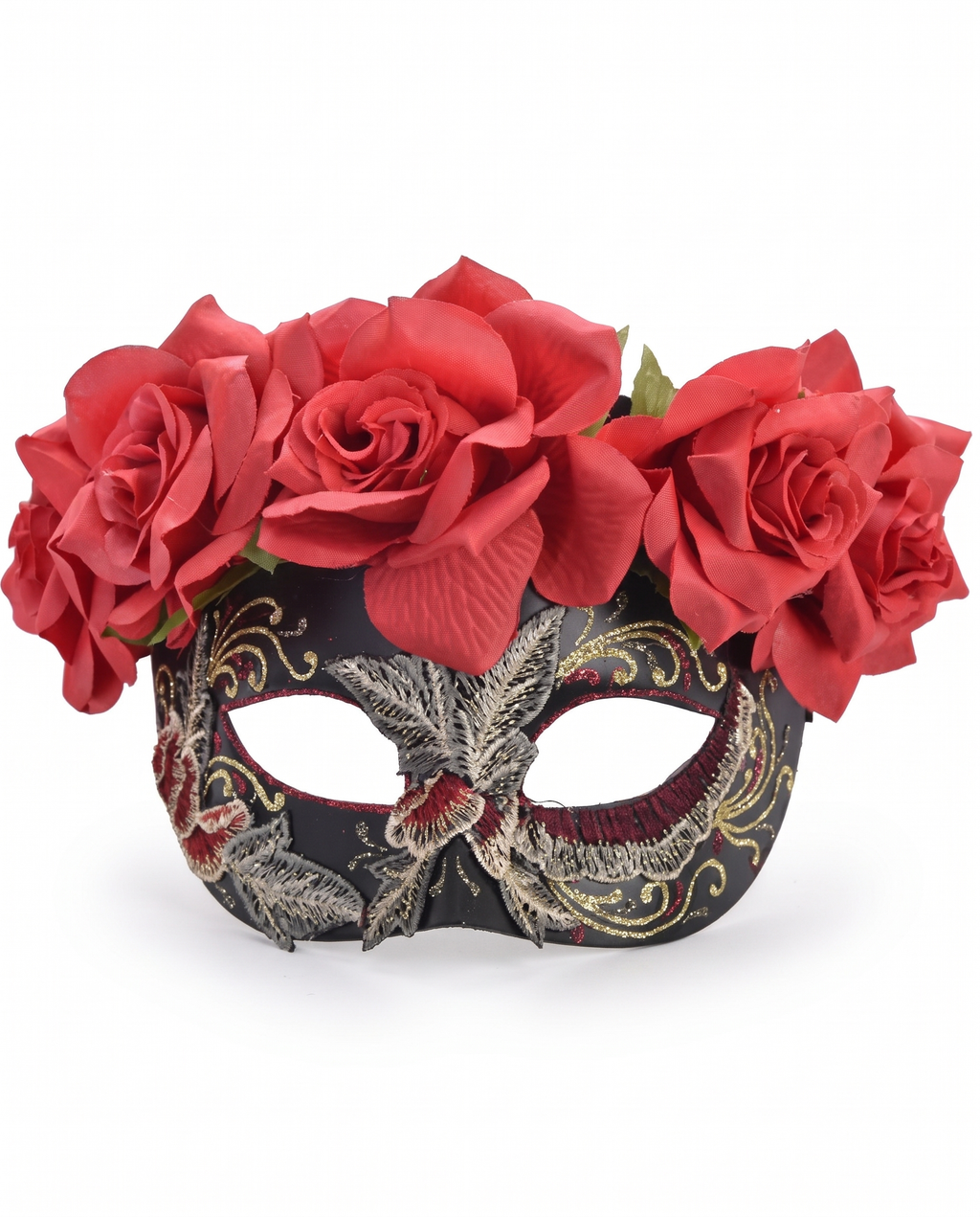 Black masquerade eye mask with roses on white background